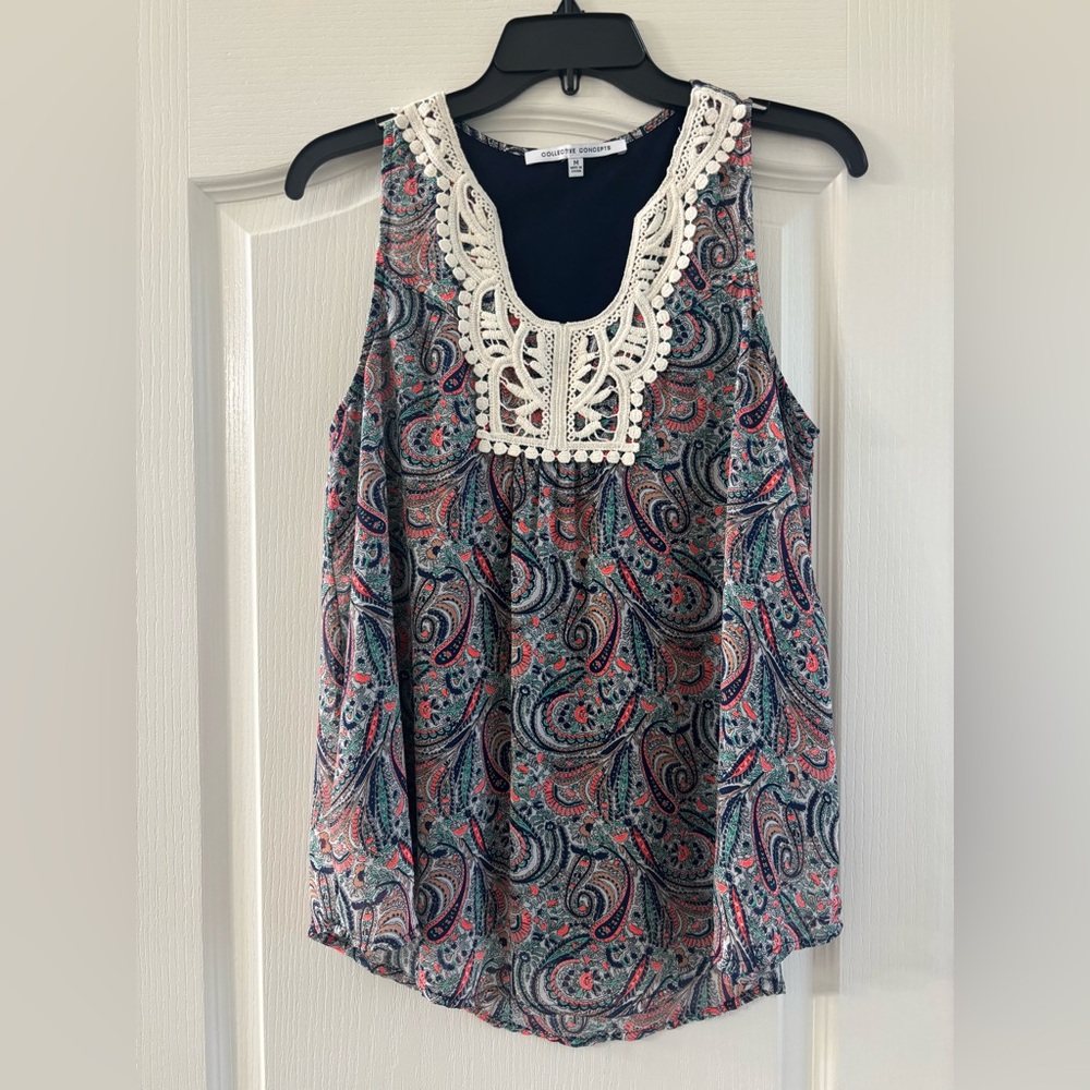 Paisley print tank with embroidered lace detail.